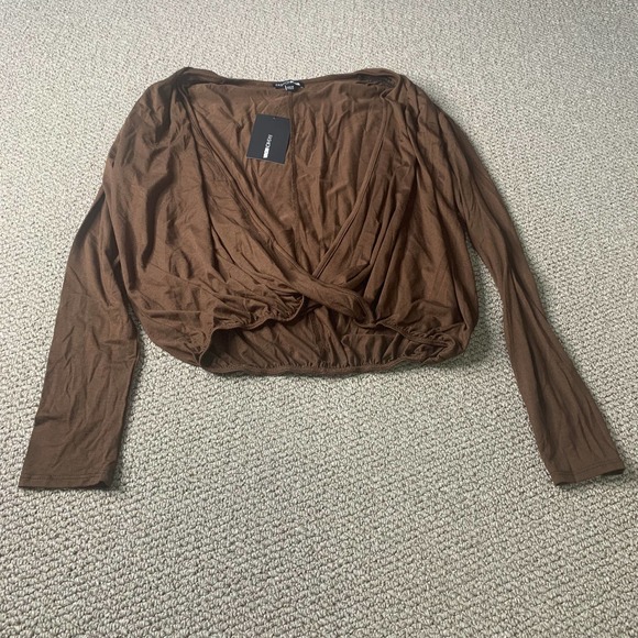 Fashion Nova Womens Top‎ Size Small Brown Never Ruche Me Long Sleeves Surplice - Picture 2 of 11